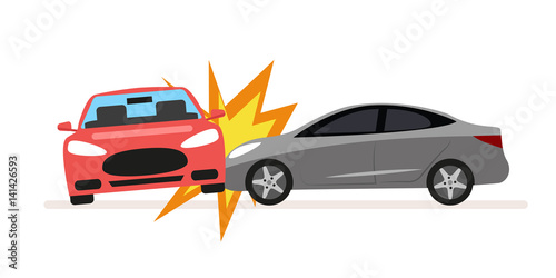 Collision of cars. Car crash involving two cars. A drunk or inconsiderate driver caused a serious traffic accident. Flat illustration isolated on white background.