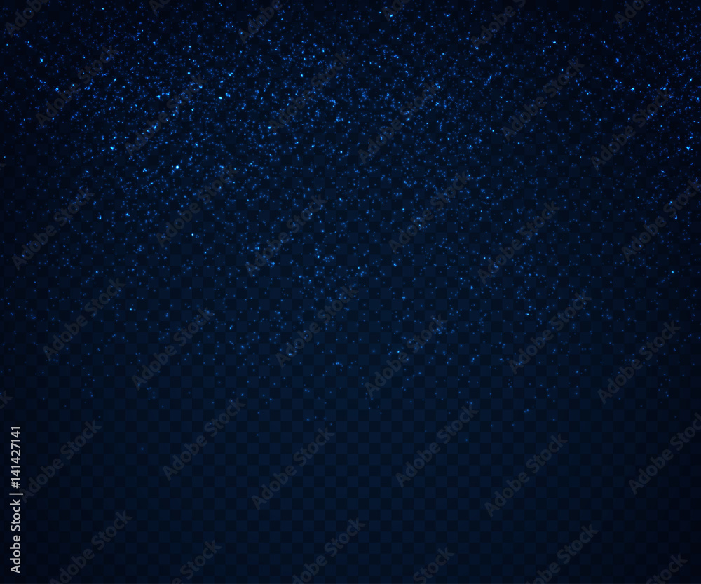 Light sparkling effects on dark transparent background. Shiny blue particles