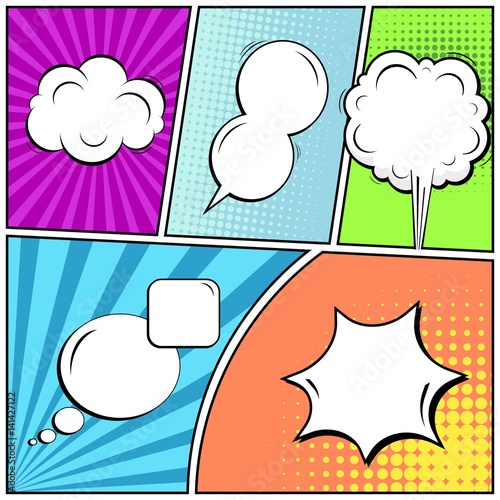Abstract creative concept vector comic pop art style blank, layout template with clouds beams and isolated dots background. For sale banner, empty speech bubble set, illustration halftone book design.