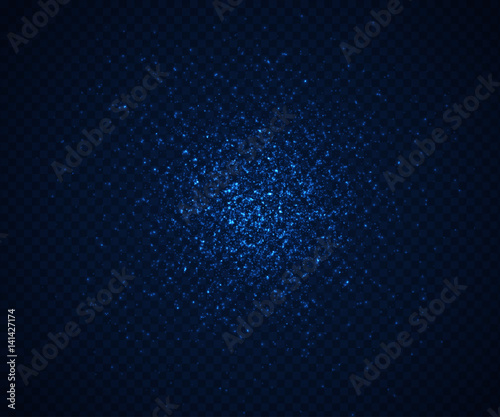 Light sparkling effects on dark transparent background. Shiny blue particles
