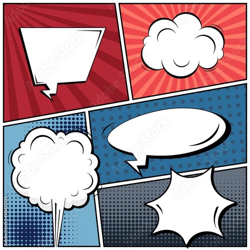 Abstract creative concept vector comic pop art style blank, layout template with clouds beams and isolated dots background. For sale banner, empty speech bubble set, illustration halftone book design.