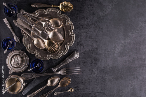 Canvas Print Old vintage silver kitchen equipment with ornaments