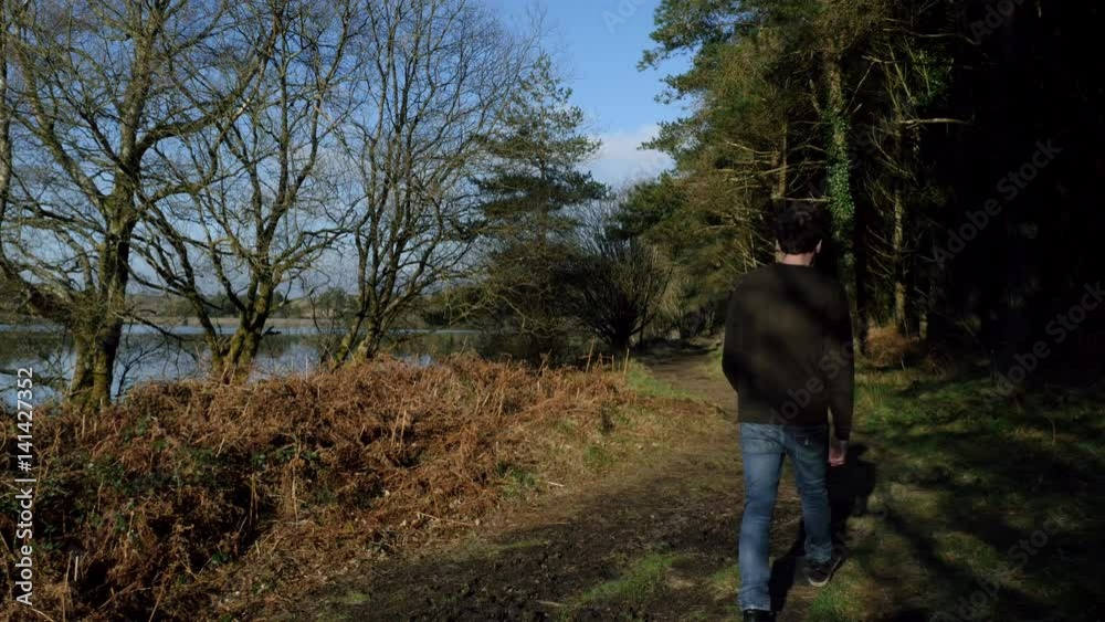 Man walking along woodland path besides lake Man walking along woodland path besides lake