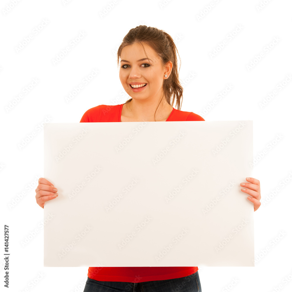 young woman holding white board isolated over white background young woman holding white board isolated over white background