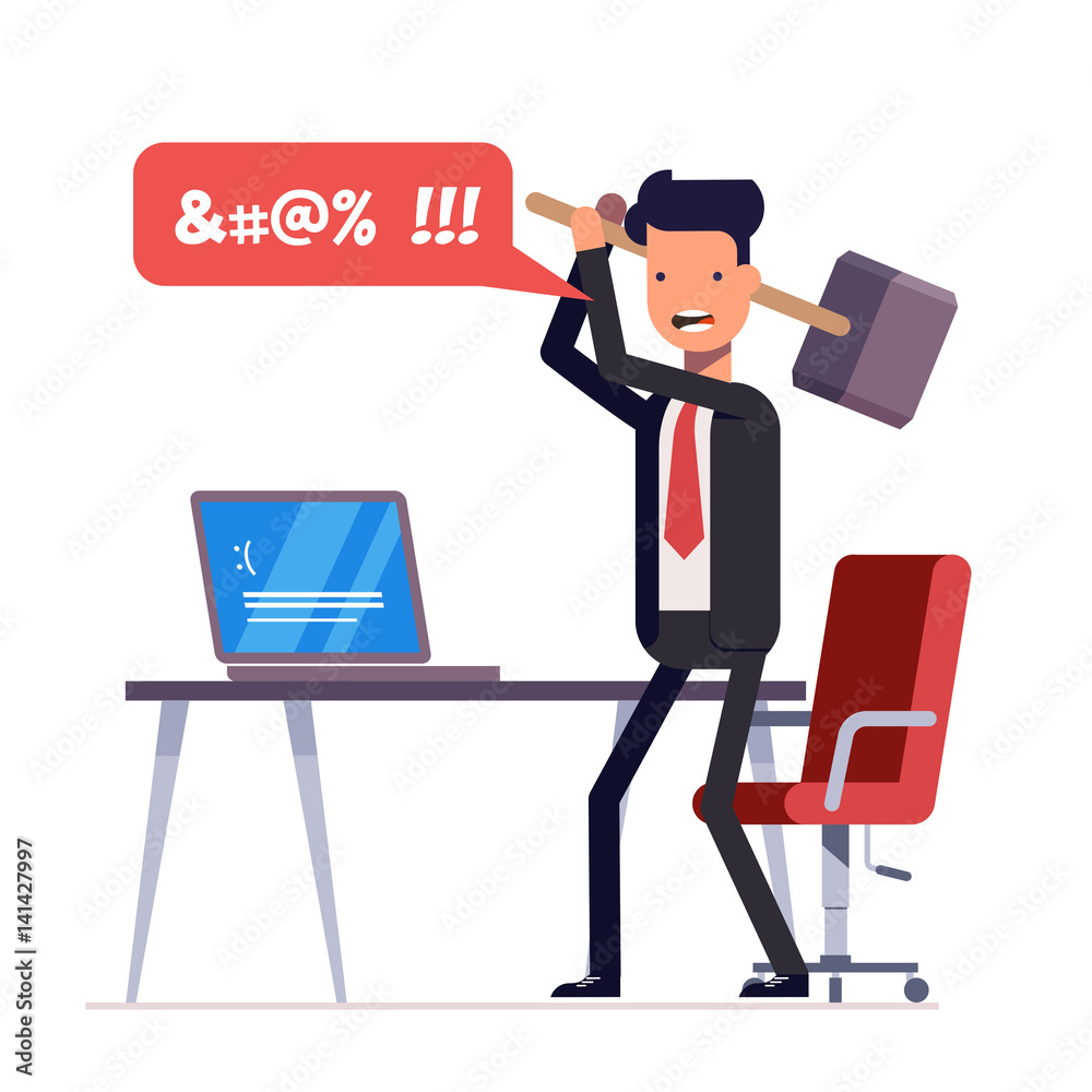 Broken computer with a blue screen of death. Computer virus. An angry businessman or manager with a sledgehammer in his hand expresses swearing. Flat illustration isolated on white background. Broken computer with a blue screen of death. Computer virus. An angry businessman or manager with a sledgehammer in his hand expresses swearing. Flat illustration isolated on white background.