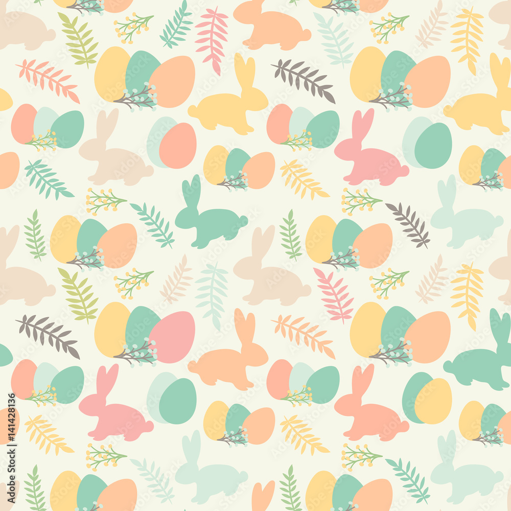 Illustration of seamless pattern with flowers, bunnies, and easter eggs Illustration of seamless pattern with flowers, bunnies, and easter eggs