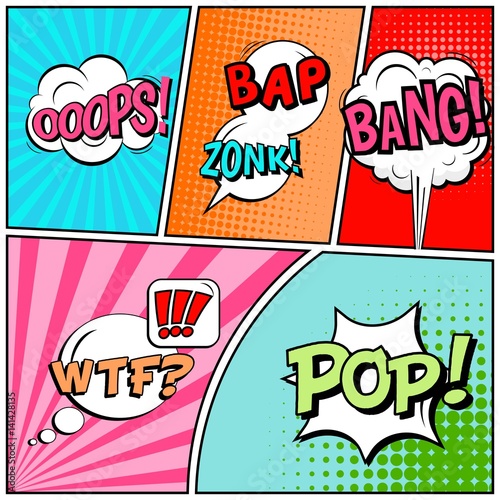 Abstract creative concept vector comic pop art style blank, layout template with clouds beams and isolated dots background. For sale banner, empty speech bubble set, illustration halftone book design.