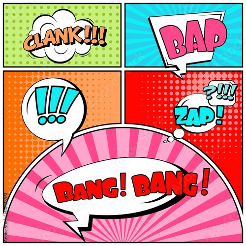 Abstract creative concept vector comic pop art style blank, layout template with clouds beams and isolated dots background. For sale banner, empty speech bubble set, illustration halftone book design.