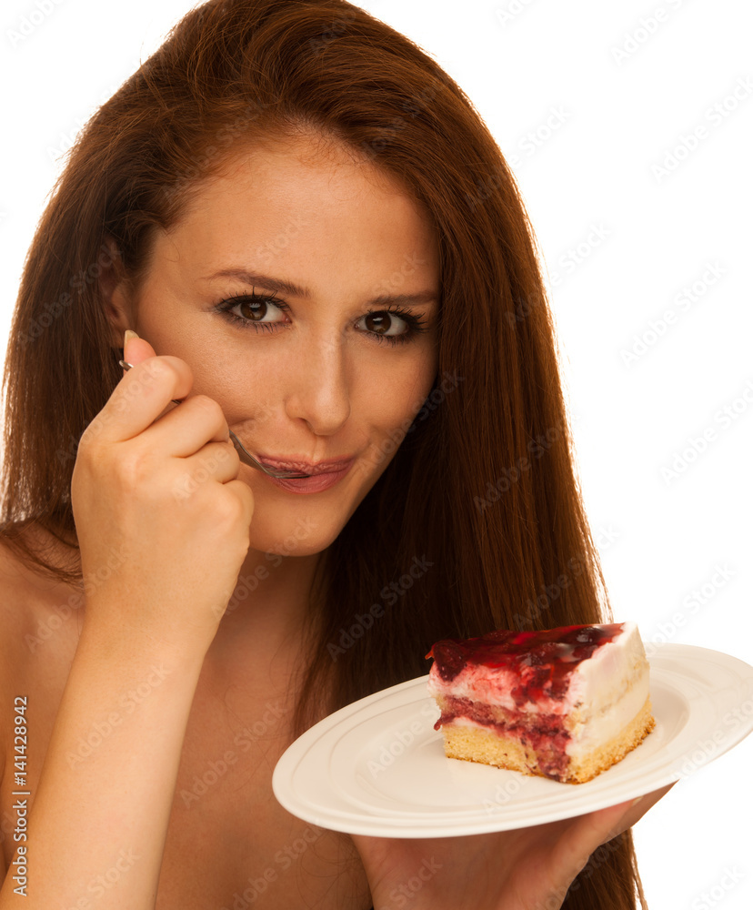 strawberry cake - wman eats sweet dessert isolated strawberry cake - wman eats sweet dessert isolated
