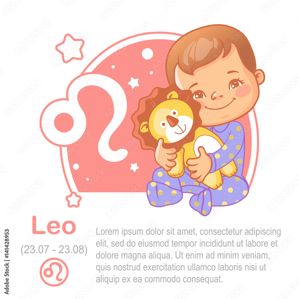 Children's horoscope icon. Kids zodiac. Cute little baby boy or girl as Leo astrological sign. Vector illustration. Kid in pajamas with plush toy lion. Astrological symbol as cartoon character. Children's horoscope icon. Kids zodiac. Cute little baby boy or girl as Leo astrological sign. Vector illustration. Kid in pajamas with plush toy lion. Astrological symbol as cartoon character.