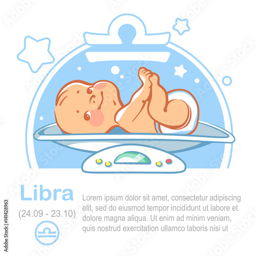 Children's horoscope icon. Kids zodiac. Cute little baby boy or girl as Libra astrological sign. Kid lying on scales. Colorful vector illustration. Astrological symbol as cartoon character.