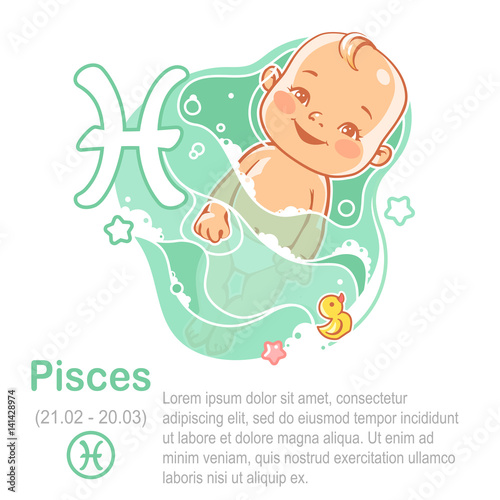 Children's horoscope icon. Kids zodiac. Cute little baby boy or girl as Pisces astrological sign. Colorful vector illustration. Newborn baby swim in bath. Astrological symbol as cartoon character.