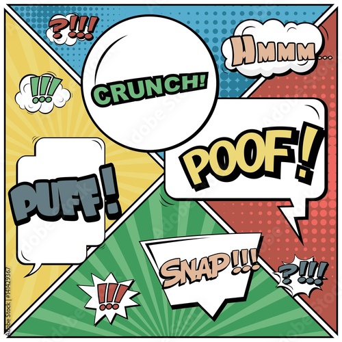 Abstract creative concept vector comic pop art style blank, layout template with clouds beams and isolated dots background. For sale banner, empty speech bubble set, illustration halftone book design.
