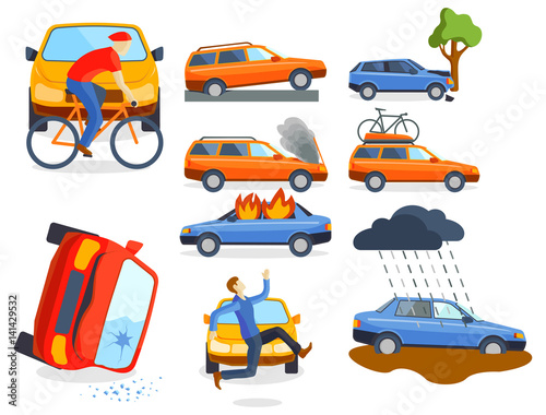 Car crash collision traffic insurance safety automobile emergency disaster and emergency disaster speed repair transport vector illustration.