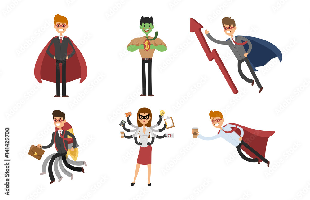 Superhero business man woman vector illustration set character success ...