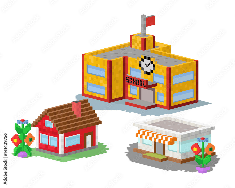 Cute colorful flat style house village pixel art real estate cottage and home design residential colorful building construction vector illustration.
