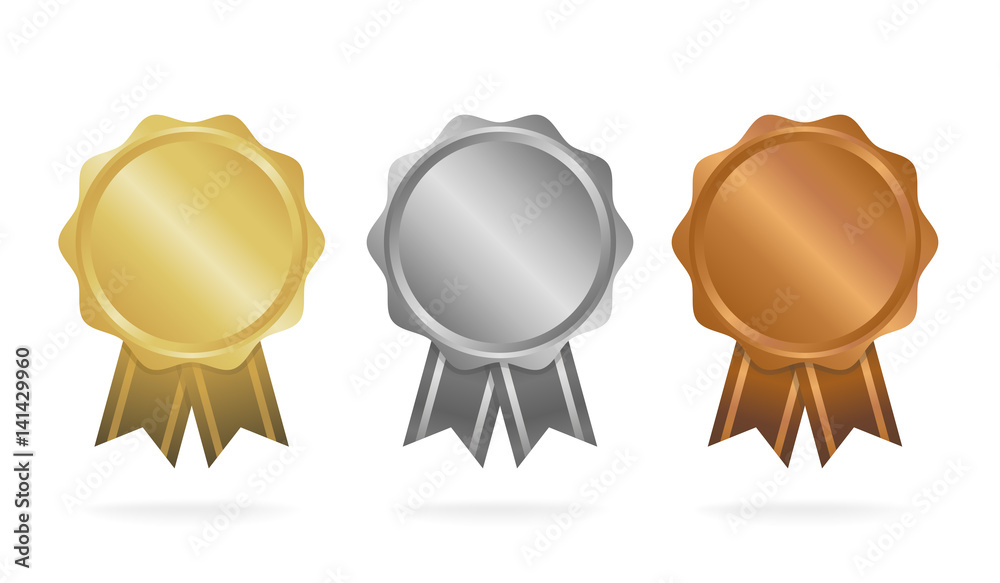 First place. Second place. Third place. Award Medals Set isolated on white with ribbons and stars. Vector illustration - obrazy, fototapety, plakaty 