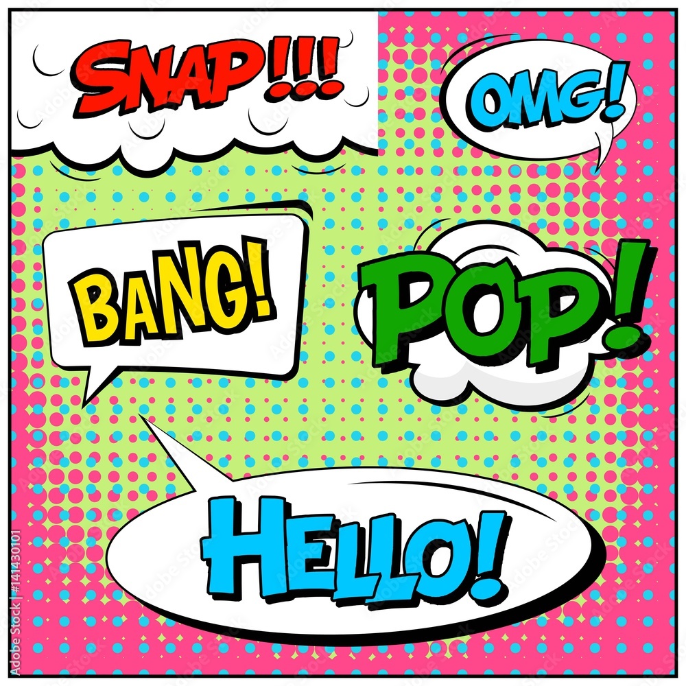 Abstract creative concept vector comic pop art style blank, layout template with clouds beams and isolated dots background. For sale banner, empty speech bubble set, illustration halftone book design.