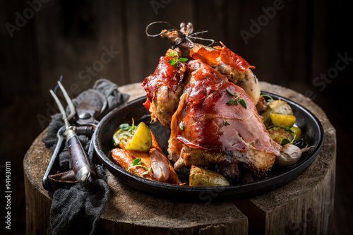 Grilled pheasant with bacon...