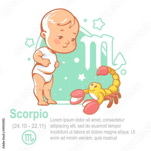 Children s horoscope icon. Kids zodiac. Little baby boy as Scorpio astrological sign. Colorful vector illustration. Astrological symbol as cartoon character.