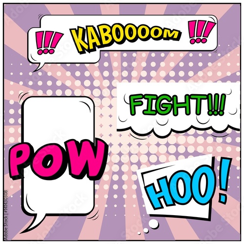 Abstract creative concept vector comic pop art style blank, layout template with clouds beams and isolated dots background. For sale banner, empty speech bubble set, illustration halftone book design.