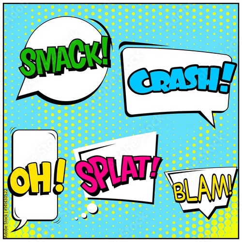 Abstract creative concept vector comic pop art style blank, layout template with clouds beams and isolated dots background. For sale banner, empty speech bubble set, illustration halftone book design.