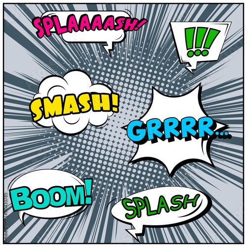 Abstract creative concept vector comic pop art style blank, layout template with clouds beams and isolated dots background. For sale banner, empty speech bubble set, illustration halftone book design.