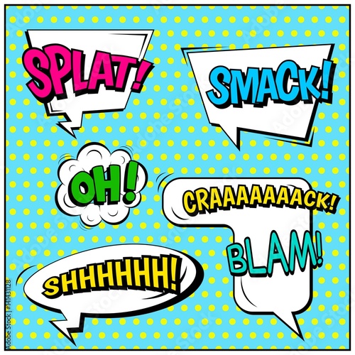 Abstract creative concept vector comic pop art style blank, layout template with clouds beams and isolated dots background. For sale banner, empty speech bubble set, illustration halftone book design.