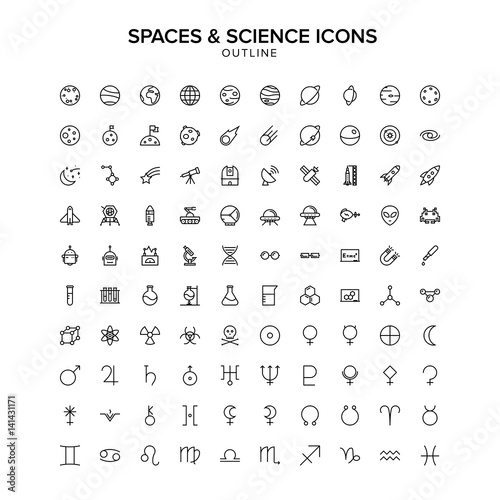 spaces and science outline icons set