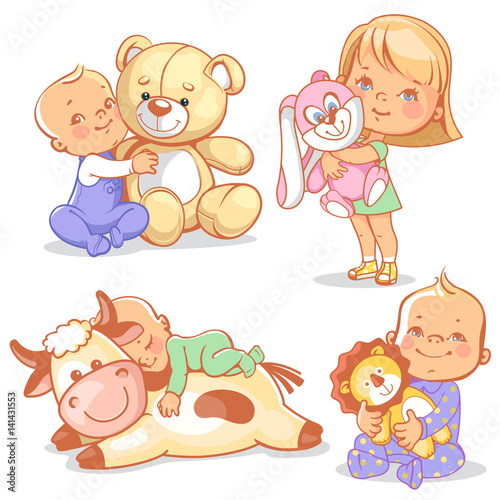 cute kids with plush toys. Boy hold teddy bear. Baby sleep on big toy cow. Happy girl play with soft toy rabbit. Toddler with plush lion friend.