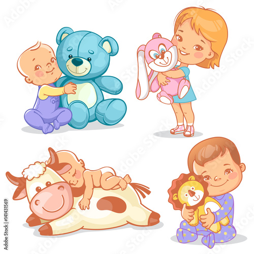 cute kids with plush toys. Boy hold teddy bear. Baby sleep on big toy cow. Happy girl play with soft toy rabbit. Toddler with plush lion friend.