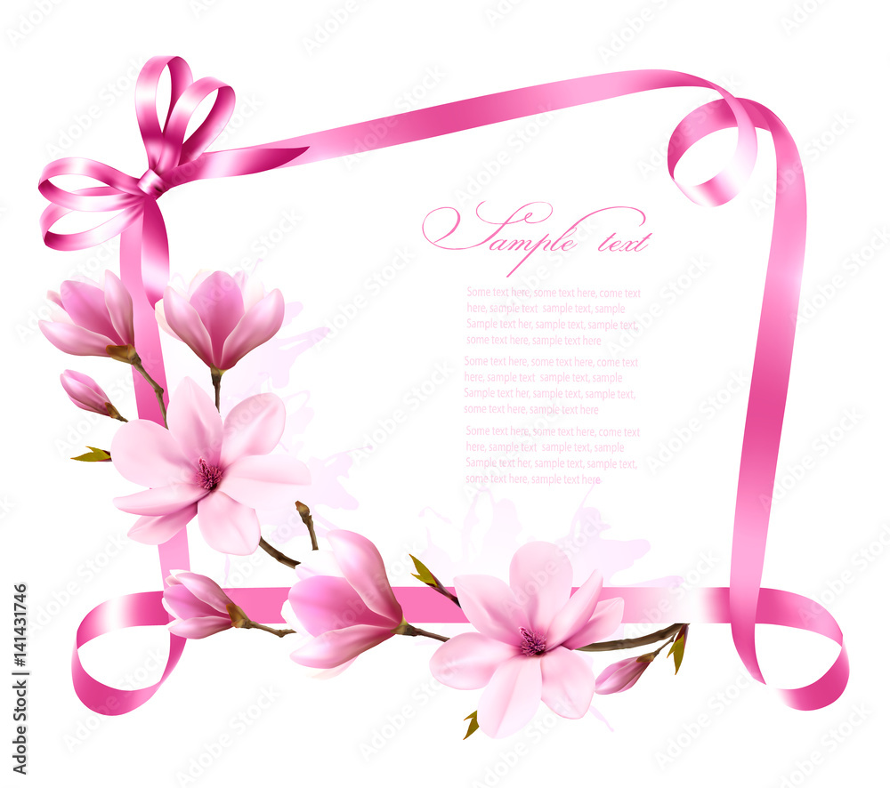 Naklejka premium Nature background with blossom branch of magnolia and pink ribbon. Vector