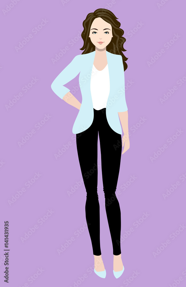 Flat vector illustration of a beautiful young woman. Young woman dressed in business casual style Flat vector illustration of a beautiful young woman. Young woman dressed in business casual style