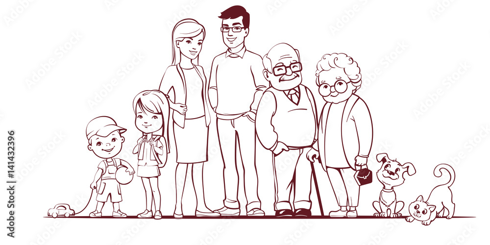 Family together. Group of people standing. Little boy, teenager girl, woman, man, old man, senior woman, cat, dog. Father, mother, sister, brother, grandfather, grandmother, pets picture image