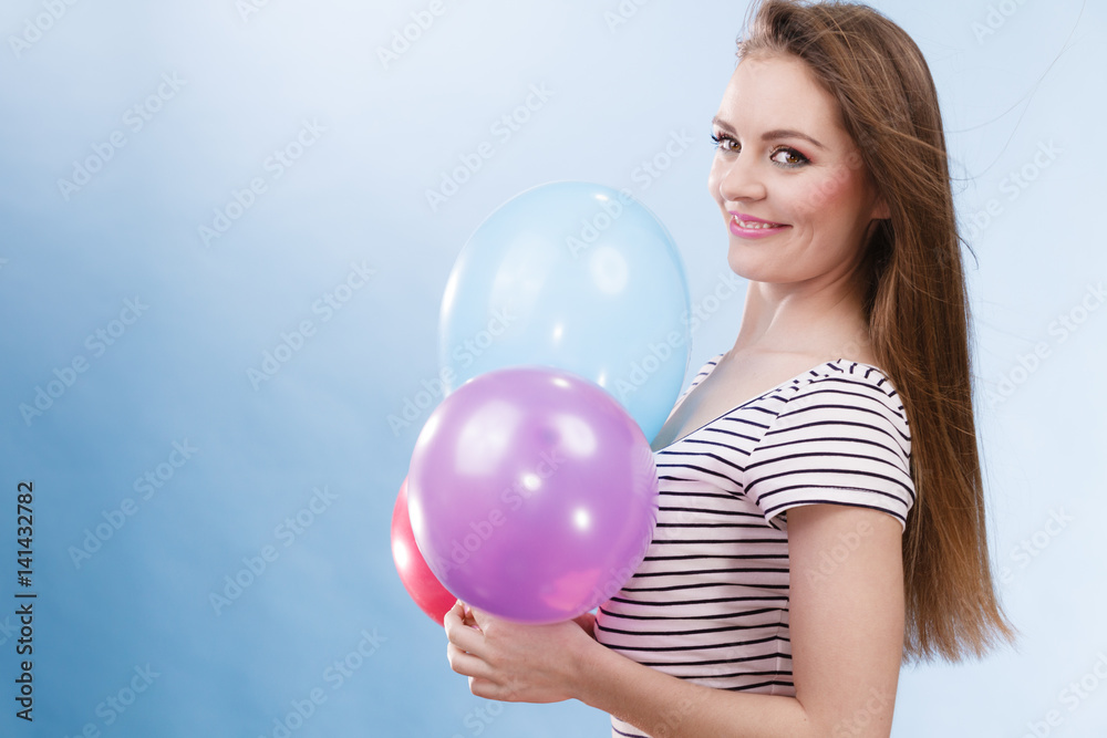 Woman summer joyful girl with colorful balloons Woman summer joyful girl with colorful balloons