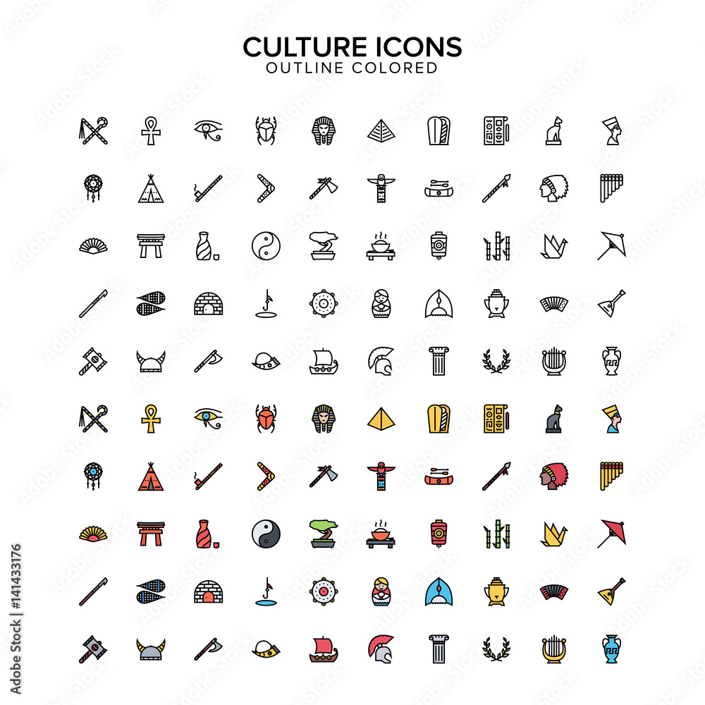 Naklejka premium culture outline colored icon set