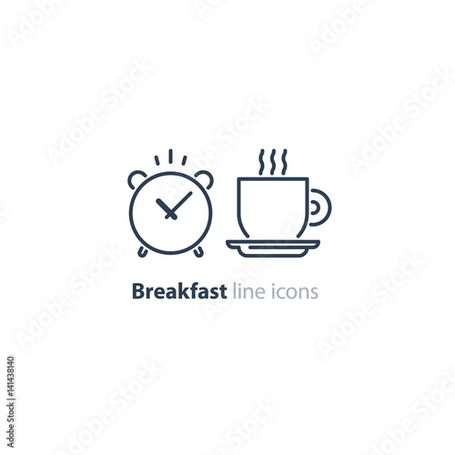 Morning tea cup icon  alarm clock  breakfast coffee