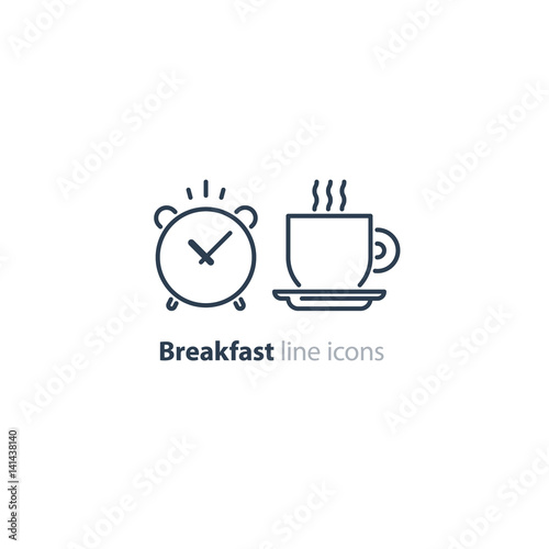 Morning tea cup icon, alarm clock, breakfast coffee