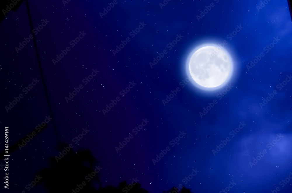 In a night glowing moon and star in sky. In a night glowing moon and star in sky.