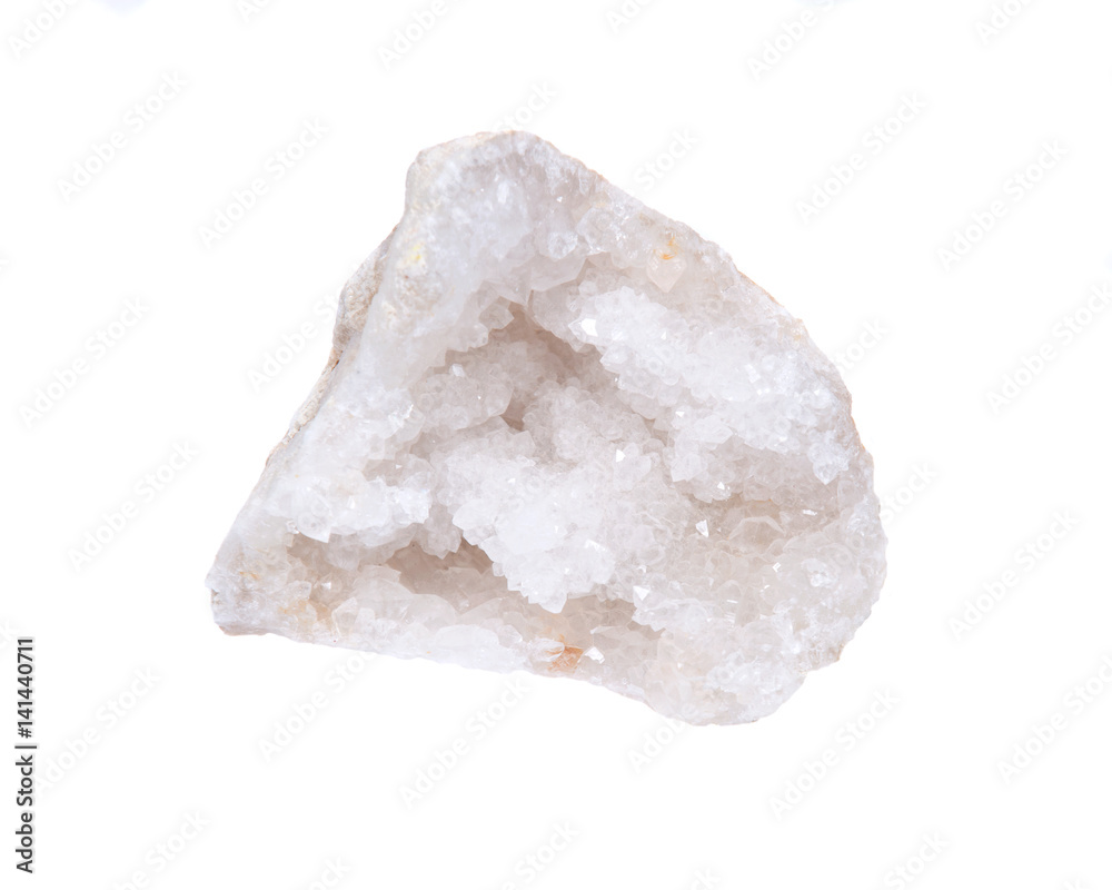 Clear crystal quartz geode with crystalline druzy center isolated on white background