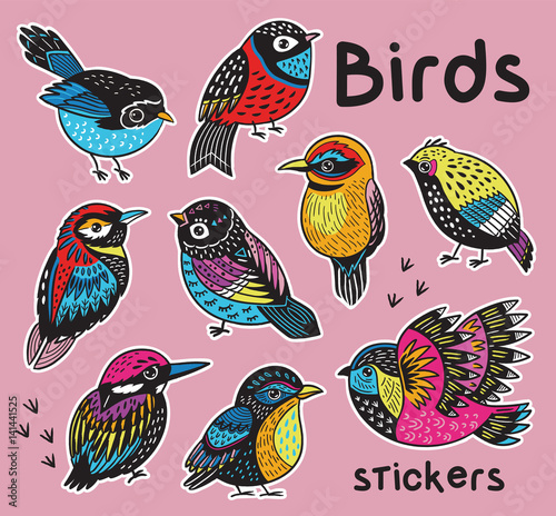 Sticker set with hand drawn exotic birds