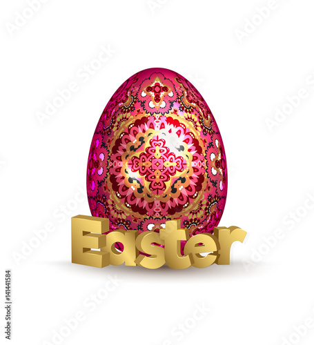 Easter banner. Egg and 3d golden lettering Easter. Vector illustration. Red and gold egg photo