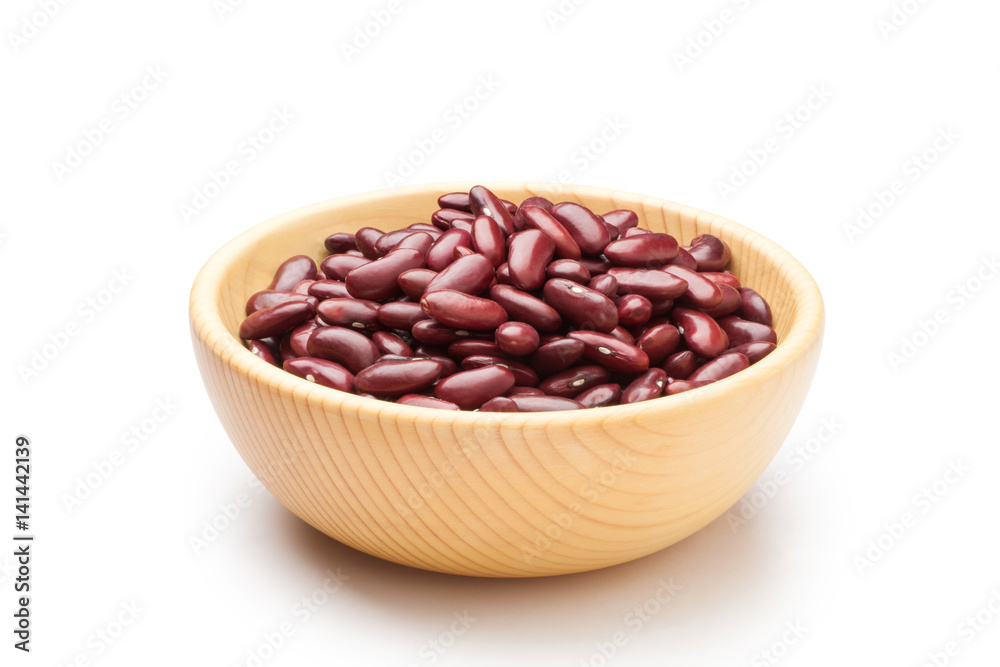 Red kidney beans in a wooden bowl on white background