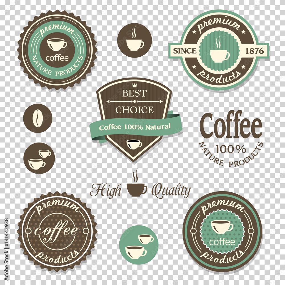 Coffee icons,labels, posters, signs, banners set on transparent background