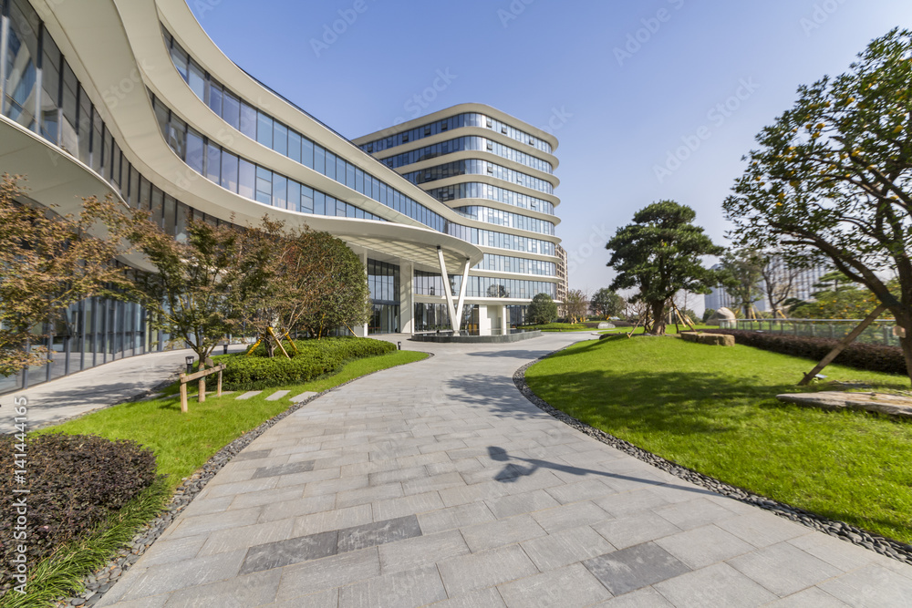 Empty floor with modern business office building