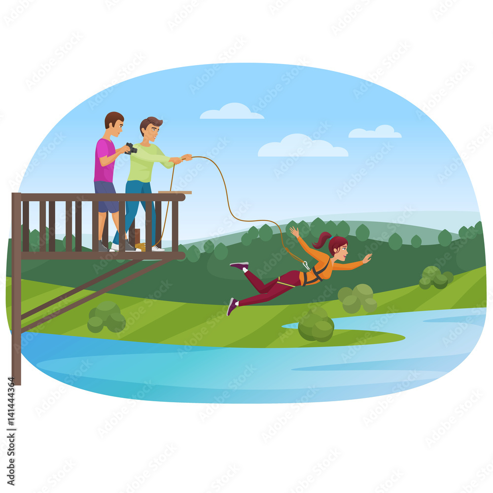 Woman doing bungee jumping with the friends vector illustration. Stock Vector | Adobe Stock