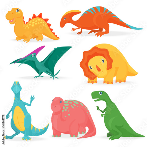 The vector illustration of the set of adorable bright dinosaurs. Cute cartoon dino collection.