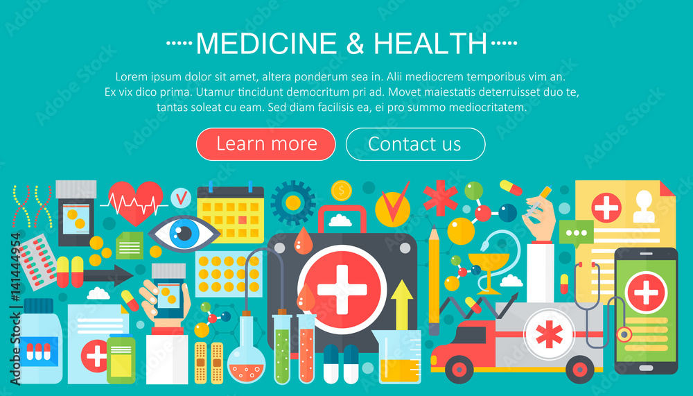 Medicine and health design concept set with healthcare medicine devices infographics template design, web header elements, poster banner. Vector illustration.