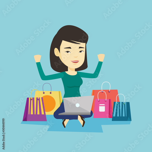 Woman shopping online vector illustration.