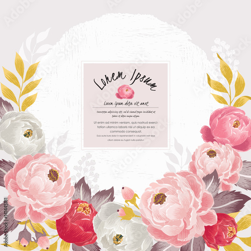  Vector illustration of a beautiful floral bouquet with frame in spring for Wedding, anniversary, birthday and party. Design for banner, poster, card, invitation and scrapbook 		 photo